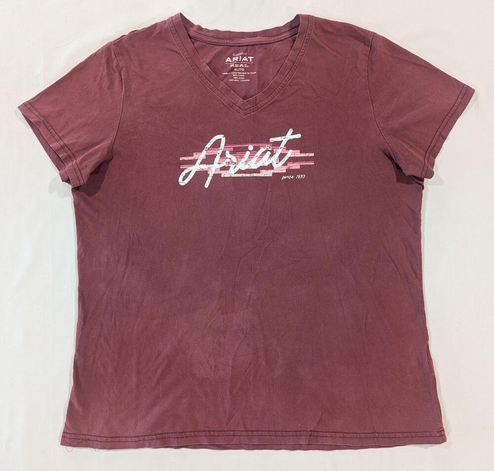 Ariat REAL Shirt Womens XL Red V-Neck Short Sleeve Logo Graphic Tee Casual